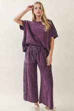 Mineral Washed Boho Trim Wide Leg Pants - Ashed Black or Eggplant