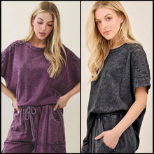 Mineral Washed Boho Trim Blouse Top - Ashed Black or Eggplant