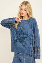 Mineral Washed Distressed Star Patch Plaid Top - Navy