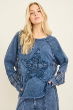 Mineral Washed Distressed Star Patch Plaid Top - Navy