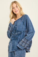 Mineral Washed Distressed Star Patch Plaid Top - Navy