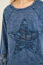 Mineral Washed Distressed Star Patch Plaid Top - Navy