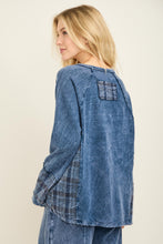 Mineral Washed Distressed Star Patch Plaid Top - Navy