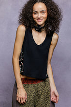 POL POL V neck, sleeveless relaxed fit top in rib with star patch on side - Black