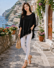 Raw Edge Fringe Hem Top - Brown, Black or Grey