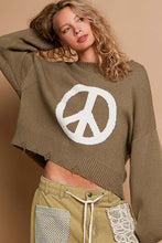 POL Round neck long sleeve peace sign solid sweater - Charcoal/White or Olive/White