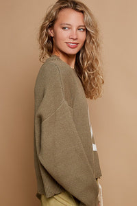POL Round neck long sleeve peace sign solid sweater - Charcoal/White or Olive/White