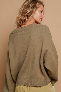 POL Round neck long sleeve peace sign solid sweater - Charcoal/White or Olive/White
