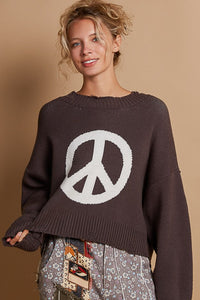 POL Round neck long sleeve peace sign solid sweater - Charcoal/White or Olive/White