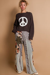 POL Round neck long sleeve peace sign solid sweater - Charcoal/White or Olive/White