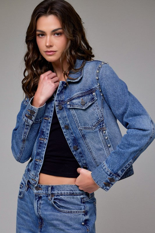 Hidden Medium Pearl Embellished Fitted Trucker Jacket - Embellishment Blue