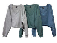 Brushed Ribbed Hacci Oversized Deep V Sweat Shirt With Tie Sides - Heather Grey, Aloe or Windward Blue