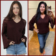 V Neck Pullover With Open Knit Flare Sleeves - Dark Fig