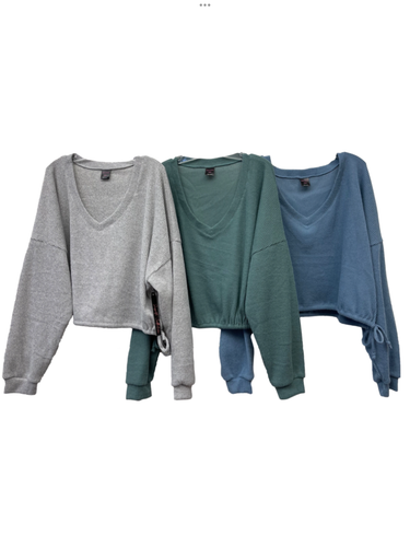 Brushed Ribbed Hacci Oversized Deep V Sweat Shirt With Tie Sides - Heather Grey, Aloe or Windward Blue