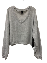 Brushed Ribbed Hacci Oversized Deep V Sweat Shirt With Tie Sides - Heather Grey, Aloe or Windward Blue