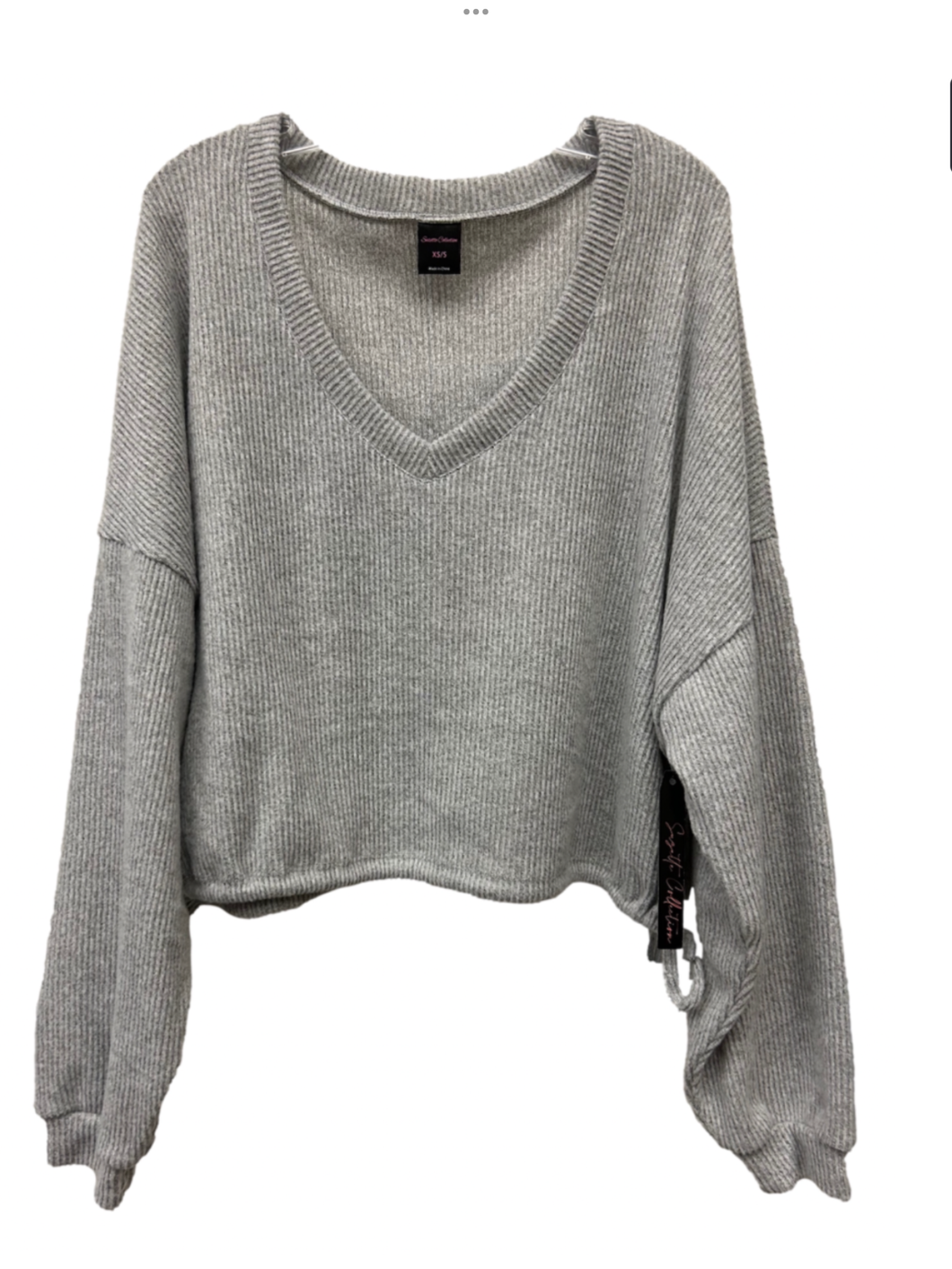 Brushed Ribbed Hacci Oversized Deep V Sweat Shirt With Tie Sides - Heather Grey, Aloe or Windward Blue