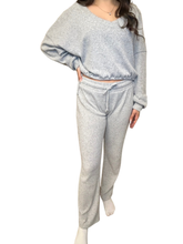Brushed Ribbed Hacci Oversized Deep V Sweat Shirt With Tie Sides - Heather Grey, Aloe or Windward Blue