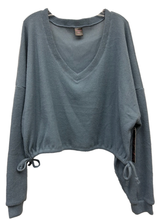 Brushed Ribbed Hacci Oversized Deep V Sweat Shirt With Tie Sides - Heather Grey, Aloe or Windward Blue