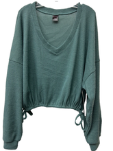 Brushed Ribbed Hacci Oversized Deep V Sweat Shirt With Tie Sides - Heather Grey, Aloe or Windward Blue