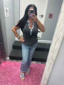 Mystree Washed Thermal Sleeveless Henley Top - Black, Grey,  BluePurple or Cream