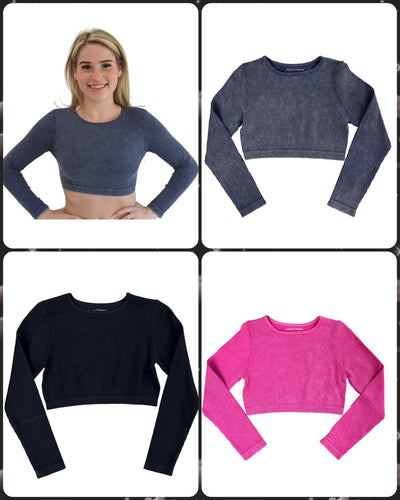 Ribbed Mineral Wash Long Sleeve Crop Top - Barbie Pink Mineral, Navy Mineral or Black