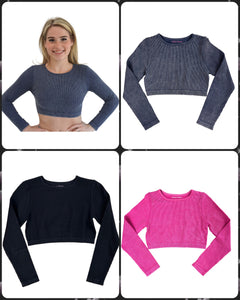 Ribbed Mineral Wash Long Sleeve Crop Top - Barbie Pink Mineral, Navy Mineral or Black