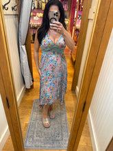 Floral Print Lace Trim V Neck Hanky Hem Maxi Dress - Teal Bayou