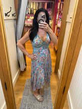 Floral Print Lace Trim V Neck Hanky Hem Maxi Dress - Teal Bayou