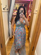 Floral Print Lace Trim V Neck Hanky Hem Maxi Dress - Teal Bayou