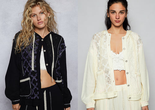 POL jacket with hoodie, balloon sleeve, relaxed fit top in lace with stitch detail pointed solid pattern - Black or Natural