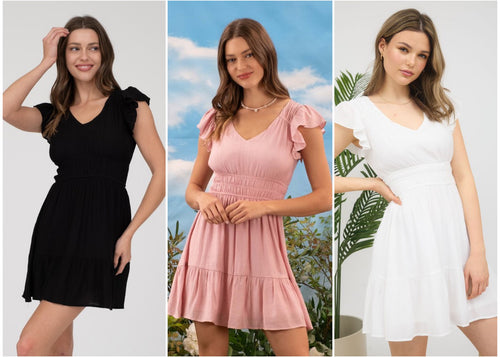 V NECK SHORT SLEEVE RUFFLE DETAIL SHIRRED MINI DRESS - ASSORTED COLORS
