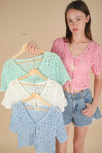 Front Tie Crochet Casual Crop Top - Ivory, Mint or Sky Blue
