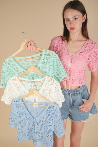 Front Tie Crochet Casual Crop Top - Ivory, Mint or Sky Blue
