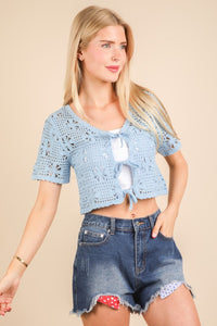 Front Tie Crochet Casual Crop Top - Ivory, Mint or Sky Blue