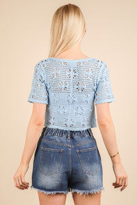 Front Tie Crochet Casual Crop Top - Ivory, Mint or Sky Blue