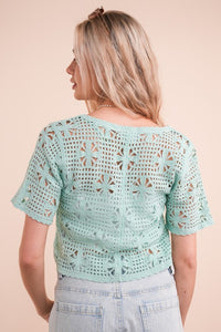 Front Tie Crochet Casual Crop Top - Ivory, Mint or Sky Blue