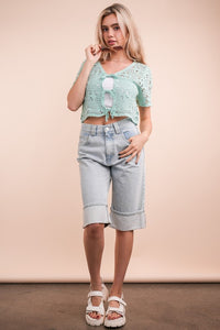 Front Tie Crochet Casual Crop Top - Ivory, Mint or Sky Blue