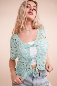 Front Tie Crochet Casual Crop Top - Ivory, Mint or Sky Blue