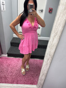 Halter Neck Embroidered Cotton Gauze Mini Dress - Blue Or Pink