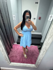Halter Neck Embroidered Cotton Gauze Mini Dress - Blue Or Pink