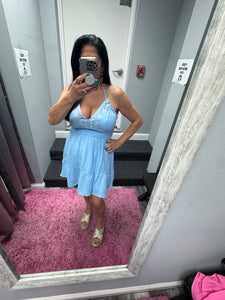 Halter Neck Embroidered Cotton Gauze Mini Dress - Blue Or Pink