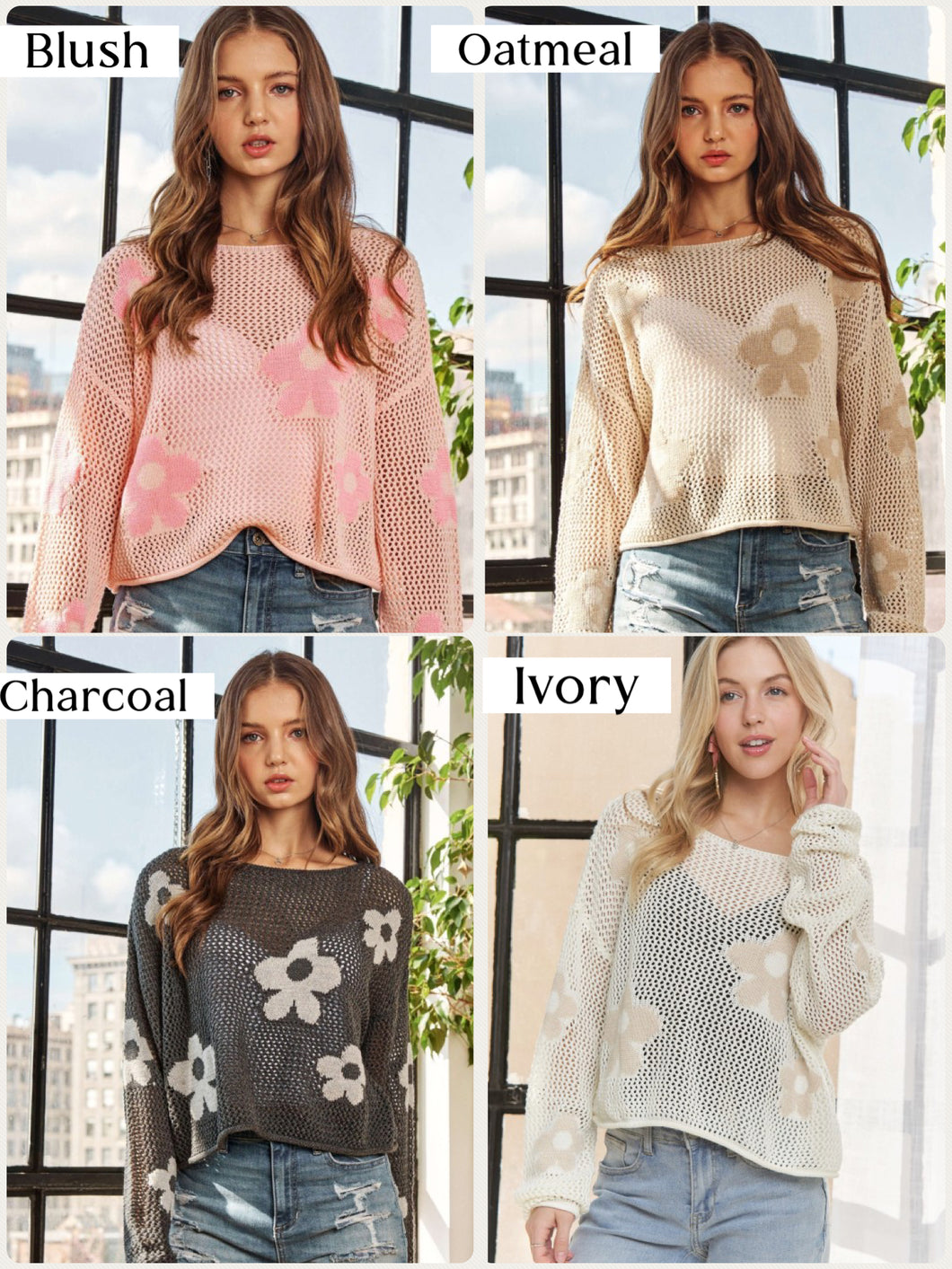 Lightweight Floral Sweater Top - Oatmeal, Blush, Charcoal
