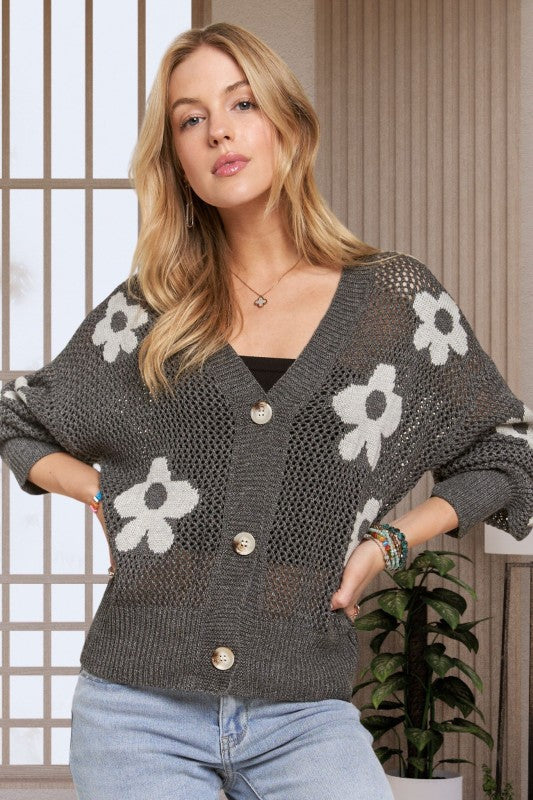 Lightweight Floral Sweater Cardigan - Charcoal