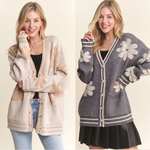 Button Down Floral Sweater Cardigan - Grey or Oatmeal