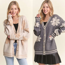 Button Down Floral Sweater Cardigan - Grey or Oatmeal