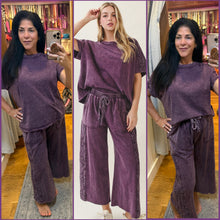 Mineral Washed Boho Trim Wide Leg Pants - Ashed Black or Eggplant