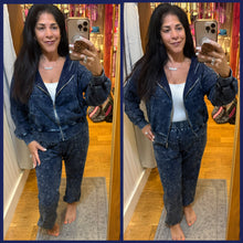Washed Knit Denim Hoodie Zip Up Jacket - Denim Blue