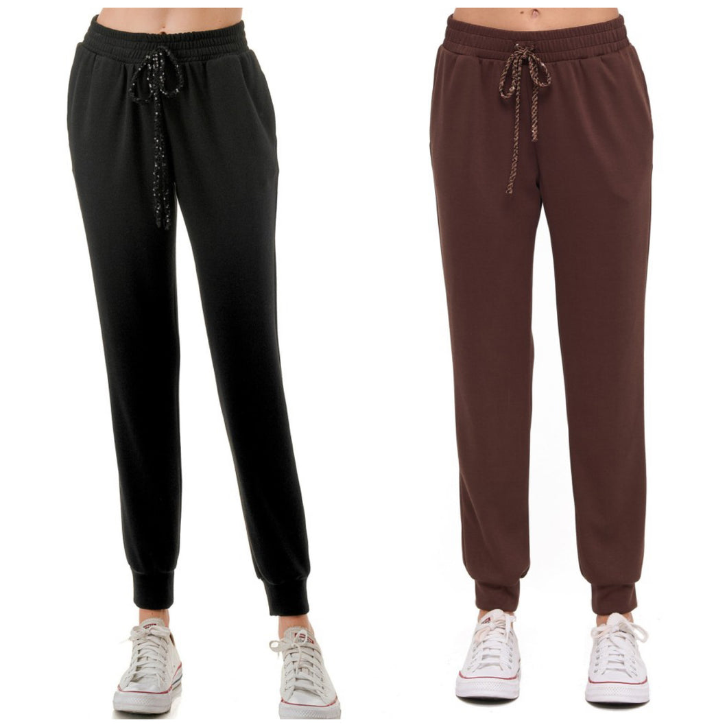 Ariella Jogger Pants With Pockets & Sequin Drawstring Detail - Black or Chocolate
