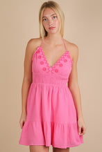 Halter Neck Embroidered Cotton Gauze Mini Dress - Blue Or Pink