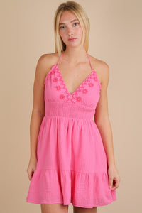 Halter Neck Embroidered Cotton Gauze Mini Dress - Blue Or Pink